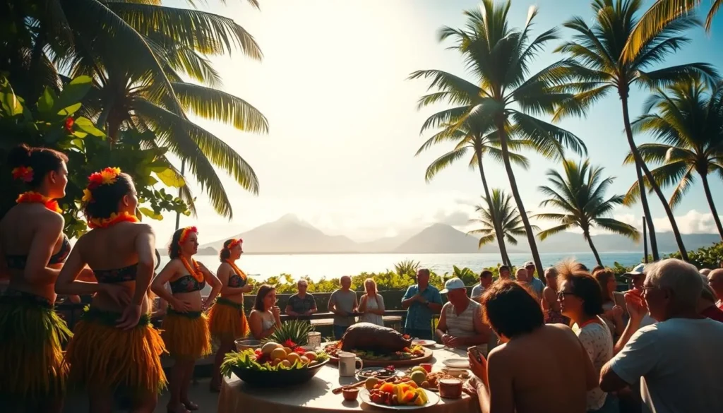 A lively scene of Hawaiian cultural celebrations set against a backdrop of lush tropical foliage. In the foreground, vibrant hula dancers sway gracefully, their colorful grass skirts and flower leis accentuating their fluid movements. In the middle ground, a traditional Hawaiian luau feast is laid out, with a roasted pig, tropical fruits, and locals partaking in the festivities. In the background, the silhouettes of towering palm trees and distant volcanic peaks create a picturesque island ambiance, bathed in warm, golden sunlight. The atmosphere is one of joyous celebration, capturing the spirit of Aloha that permeates the Hawaiian cultural experience.
