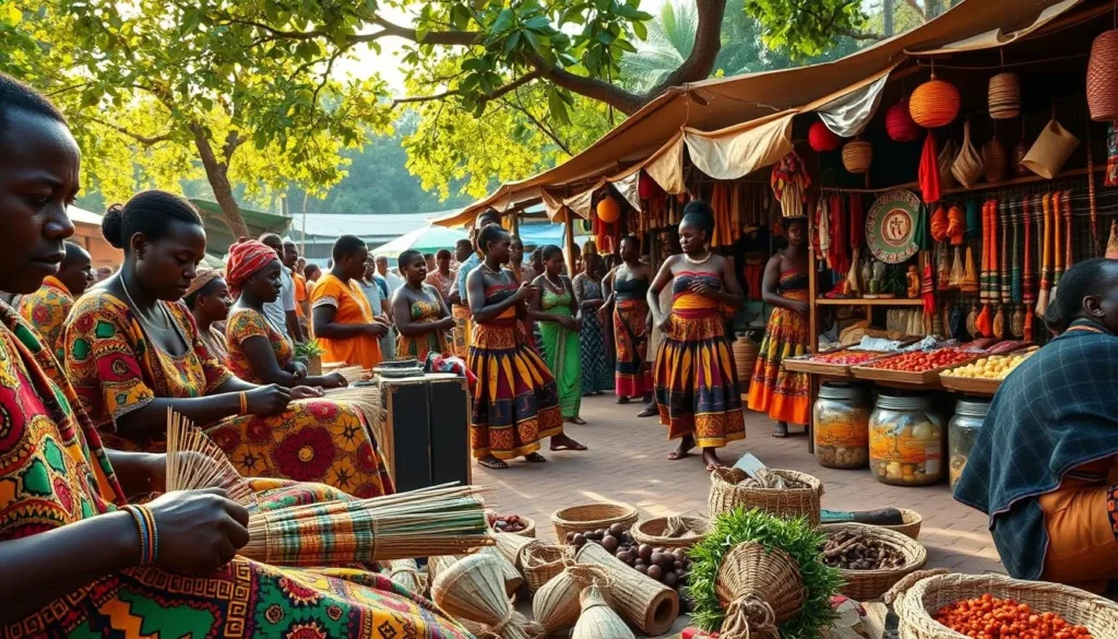A lively scene of Kumasi's vibrant cultural practices unfolds before the viewer. In the foreground, local artisans skillfully craft intricate Kente cloth, their deft hands weaving a tapestry of rich colors and patterns. The middle ground showcases a spirited traditional dance performance, the rhythmic movements of the performers accentuated by the warm, golden light filtering through the trees. In the background, a bustling open-air market teems with activity, stalls overflowing with handmade crafts, fragrant spices, and fresh produce. The atmosphere is one of joyful celebration, capturing the essence of Kumasi's enduring cultural heritage.