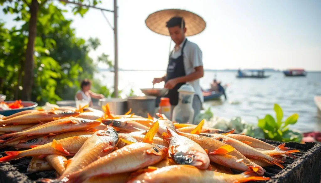 A lively scene of Tonle Sap Lake cuisine, captured on a sunny afternoon. In the foreground, a vibrant display of freshly caught fish, sizzling on a charcoal grill, their smoky aroma wafting through the air. Mid-frame, a vendor skillfully prepares a traditional Khmer dish, the deft movements of their hands showcasing years of culinary expertise. In the background, the tranquil waters of the lake glisten, framed by lush, verdant foliage and the distant silhouettes of floating villages. The overall mood is one of authenticity, cultural richness, and the celebration of the region's bountiful natural resources.