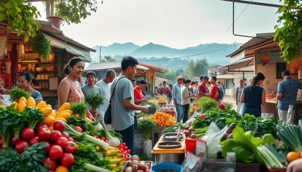 A lively scene of a traditional Dalat market, bustling with locals and visitors alike. In the foreground, a vibrant display of fresh produce - colorful tropical fruits, fragrant herbs, and an array of unique vegetables. Vendors greet customers with warm smiles, showcasing their wares under the soft, natural light filtering through the market's open-air stalls. In the middle ground, small family-owned eateries offer a tantalizing glimpse of Dalat's renowned cuisine - steaming bowls of aromatic pho, sizzling platters of grilled meats, and delicate desserts. The background features the iconic Lang Biang mountain range, its rolling hills providing a picturesque backdrop to this lively culinary scene. The atmosphere is one of bustling energy, cultural authenticity, and the irresistible aromas of Dalat's exceptional local fare.