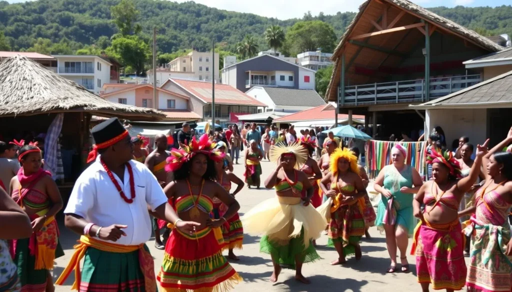 A lively scene of cultural festivities in the Solomon Islands, captured on a vibrant sunny day. In the foreground, a group of native islanders adorned in colorful traditional costumes perform a lively dance, their movements accentuated by the warm, natural lighting. In the middle ground, stalls offering a variety of local handicrafts, textiles, and foods create a bustling marketplace atmosphere. In the background, a mix of traditional thatched-roof structures and modern buildings provide a captivating setting, hinting at the blend of ancient and contemporary elements that define the island's unique cultural heritage. The overall mood is one of celebration, energy, and a sense of community.