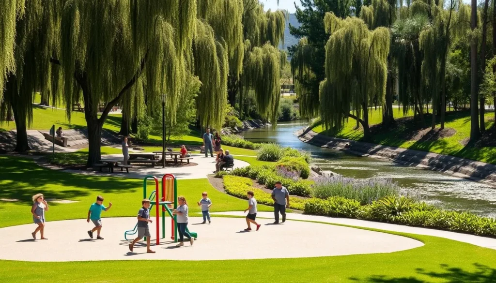 A lively scene of families enjoying the natural beauty of Cucamonga Creek on a sunny afternoon. In the foreground, children play on a well-maintained playground surrounded by lush, manicured greenery. In the middle ground, parents relax on benches or picnic tables, conversing and watching over their little ones. The background features the tranquil creek meandering through the landscape, its banks lined with tall, swaying trees that cast a dappled light over the entire scene. The overall atmosphere is one of joyful, carefree recreation in a serene, family-friendly environment.