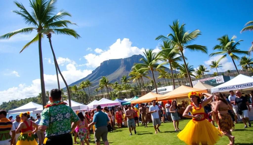 A lively scene of the Honolulu Festival cultural celebration unfolds on a sunny day in Oahu. In the foreground, colorfully dressed performers move to the rhythmic beats of traditional Hawaiian music, their graceful hula dance steps captivating the crowd. In the middle ground, vibrant displays of Hawaiian crafts, artworks, and delicacies fill bustling vendor stalls, inviting visitors to immerse themselves in the island's rich heritage. The background is framed by towering palm trees swaying gently in the warm island breeze, with the iconic Diamond Head volcanic cone rising majestically in the distance, creating a picturesque island setting. The overall scene conveys a joyous, festive atmosphere that captures the essence of springtime celebrations in Honolulu.