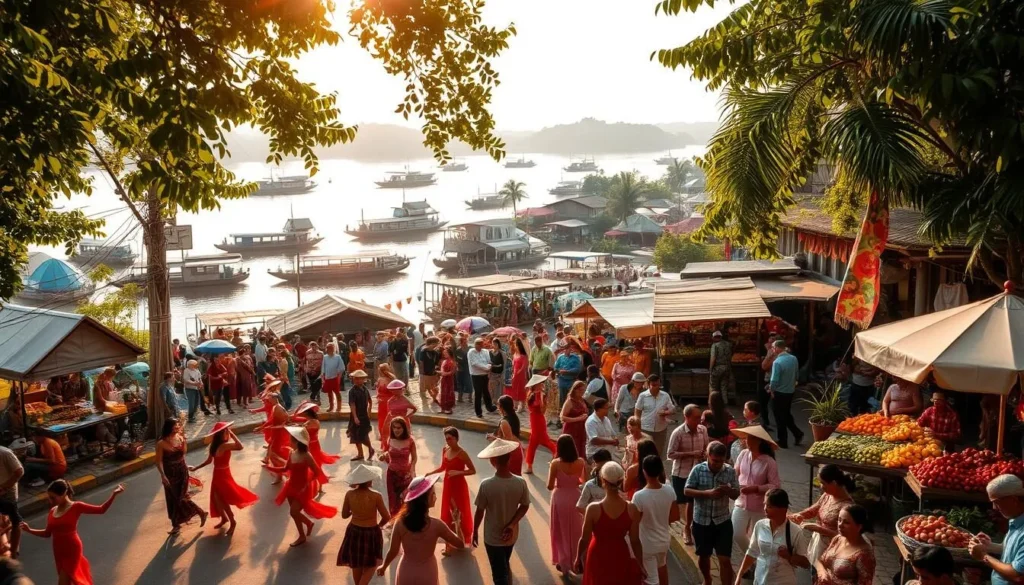 A lively scene of the Mekong Delta Festival unfolds, showcasing the vibrant culture and traditions of Vietnam. In the foreground, a vibrant parade winds through the streets, with colorfully dressed performers dancing and twirling to the rhythm of traditional music. Vendors line the streets, offering an array of local delicacies and handicrafts. In the middle ground, a bustling marketplace teems with activity, as people haggle and browse through stalls overflowing with tropical fruits, fragrant spices, and handwoven textiles. The background is dotted with picturesque riverboats and wooden houses, reflecting in the calm, glistening waters of the Mekong River. Warm, golden sunlight filters through the lush, verdant foliage, creating a serene and inviting atmosphere.