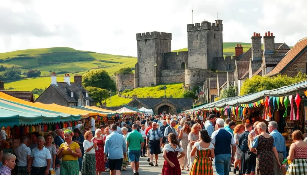 A lively scene of traditional Connacht festivals in the Irish countryside. In the foreground, a bustling street fair with colorful stalls selling handcrafted goods, folk music, and savory local cuisine. People in vibrant traditional attire dance and mingle, radiating a sense of community. In the middle ground, a towering medieval castle stands as a majestic backdrop, its weathered stone walls illuminated by warm afternoon sunlight. The background features gently rolling green hills dotted with thatched-roof cottages, creating a picturesque pastoral landscape. An atmosphere of joyful celebration and deep-rooted cultural heritage permeates the entire scene.