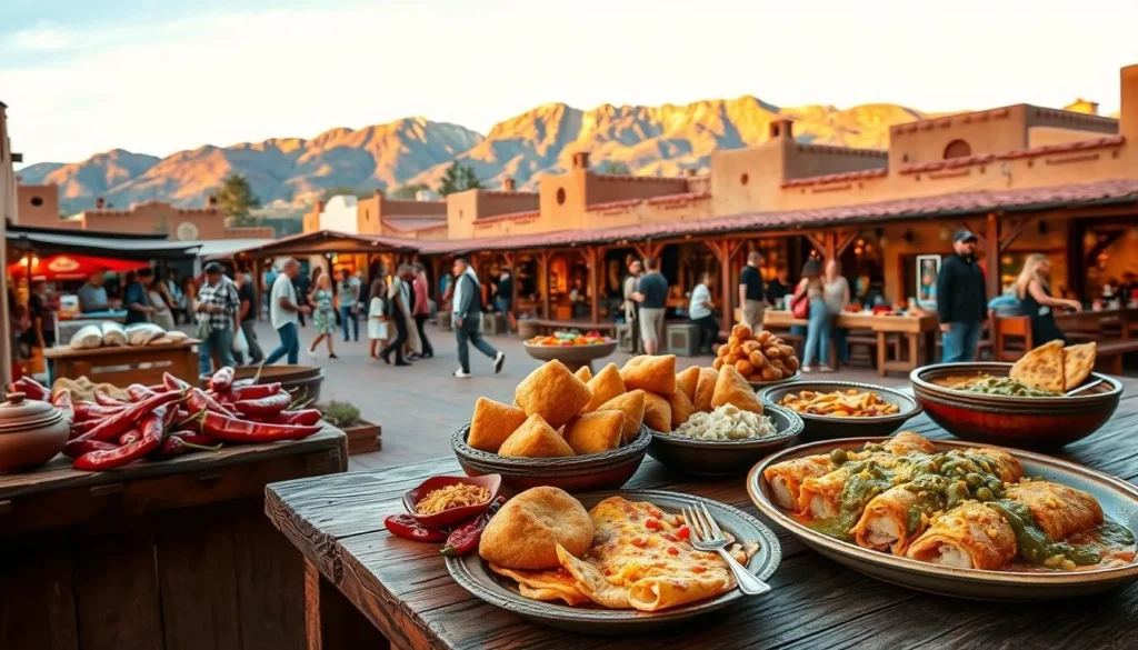 A lively scene of traditional New Mexican cuisine in the heart of historic Santa Fe. In the foreground, a rustic wooden table laden with vibrant red chili peppers, golden sopapillas, and hearty enchiladas smothered in melted cheese and tangy green sauce. The middle ground showcases a bustling open-air market, with vendors selling freshly baked bread, vibrant produce, and handcrafted pottery. In the background, adobe-style buildings with warm, earthy tones and terracotta roofs set against a backdrop of the majestic Sangre de Cristo mountains, bathed in soft, golden light. The overall scene evokes the rich cultural heritage and flavorful cuisine that defines Santa Fe's vibrant food scene.