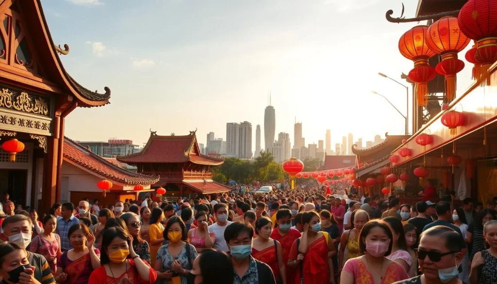 A lively scene of vibrant Ho Chi Minh City festivals, captured under a warm, golden-hour glow. In the foreground, crowds of joyful locals and tourists gather, adorned in colorful traditional costumes and face masks, dancing to the rhythmic beats of drums and gongs. In the middle ground, ornate temple structures and lantern-adorned streets provide a stunning backdrop, while in the distance, the iconic skyline of high-rises and skyscrapers rises majestically. The atmosphere is one of celebration, cultural heritage, and community togetherness, creating a visually captivating representation of the best months to experience Ho Chi Minh City's vibrant festival scene.