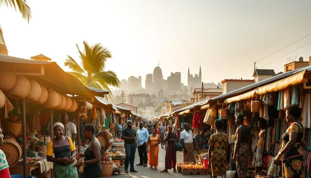 A lively street market in Pointe-Noire, Congo, bustling with vibrant stalls displaying handwoven baskets, handcrafted wood carvings, and vibrant fabrics. In the foreground, vendors enthusiastically interact with locals and tourists, showcasing their wares. The middle ground features a colorful array of textiles, pottery, and other traditional goods. In the background, the iconic skyline of Pointe-Noire rises, with its mix of modern and colonial-era architecture. Warm, golden sunlight filters through the scene, creating a welcoming and authentic atmosphere that captures the essence of the city's rich cultural heritage.