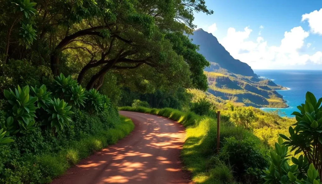A long, winding dirt road leading through lush, verdant foliage to the stunning Polihale State Park on the western shores of Kauai, Hawaii. Sunlight filters through the canopy, casting a warm, golden glow over the scene. In the distance, the glistening blue Pacific Ocean comes into view, the horizon dotted with fluffy white clouds. The road winds gracefully, inviting the viewer to explore the natural beauty of this remote and picturesque destination. Capture the tranquility and adventure of the journey to Polihale State Park.