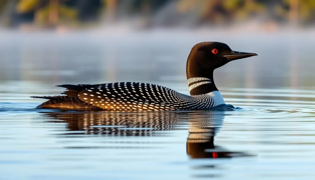 A loon swimming on Lake Itasca, Minnesota with its distinctive black and white pattern A loon swimming on Lake Itasca, Minnesota with its distinctive black and white pattern