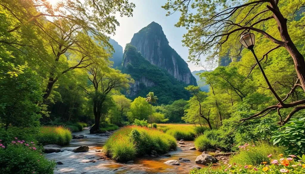 A lush and vibrant scene in Ba Bể National Park, Vietnam, showcasing its incredible biodiversity. In the foreground, a crystal-clear stream winds through a verdant forest, its banks dotted with colorful wildflowers. In the middle ground, towering limestone cliffs rise up, their jagged peaks casting dramatic shadows. The background is filled with a dense canopy of emerald-green trees, home to a diverse array of birds and other wildlife. Warm, golden sunlight filters through the leaves, creating a serene and magical atmosphere. Capture the essence of this stunning natural wonder with a wide-angle lens, highlighting the park's stunning landscape and the rich tapestry of life that thrives within it.