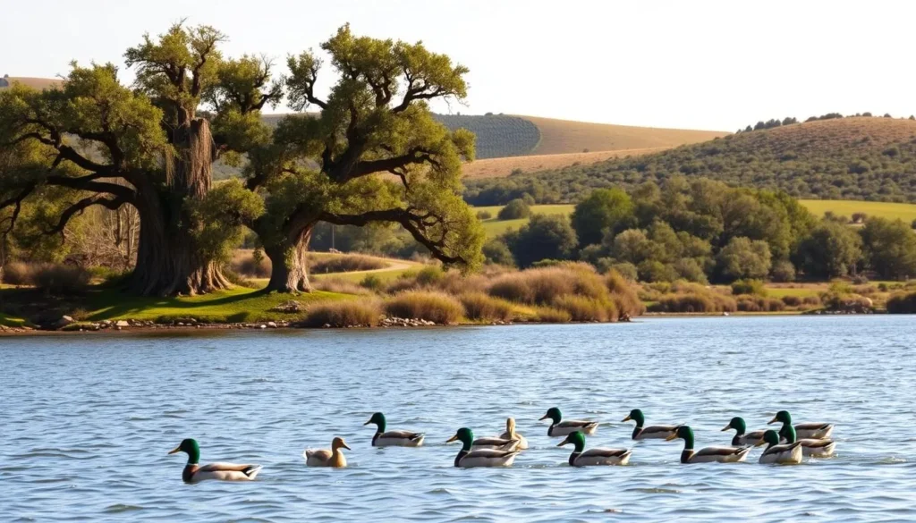 A lush and vibrant scene of Folsom Lake's diverse wildlife and plant life on a beautiful sunny day. In the foreground, a family of mallard ducks gracefully glides across the shimmering water, their iridescent green heads and yellow bills catching the light. In the middle ground, towering oak trees line the shoreline, their gnarled branches providing shade and shelter for small birds flitting among the leaves. In the background, rolling hills covered in verdant meadows and dense thickets of native shrubs create a scenic vista, hinting at the abundant natural beauty of the Nimbus Flat area. The warm, golden light bathes the entire scene in a serene, tranquil atmosphere, inviting viewers to immerse themselves in the peaceful harmony of this iconic California landscape.