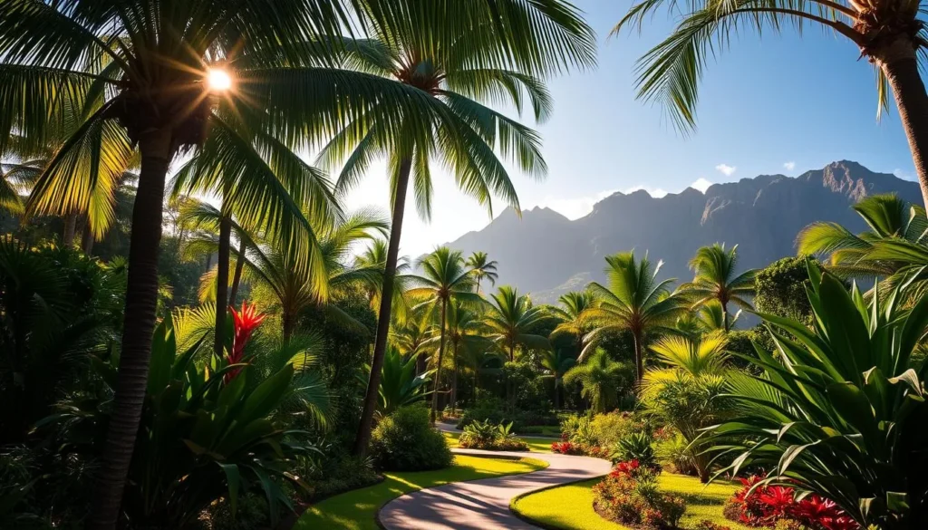 A lush and vibrant tropical arboretum on Ua Huka Island, French Polynesia. The Papuakeiha Arboretum is a verdant oasis, with towering palm trees and exotic flora creating a picturesque natural scene. Sunlight filters through the canopy, casting a warm, golden glow across the landscape. In the foreground, a winding path meanders through the arboretum, inviting visitors to explore the diverse array of plant life. In the middle ground, native birds flutter among the branches, adding to the serene ambiance. The background features rugged, volcanic mountains, providing a dramatic backdrop to this idyllic tropical paradise.