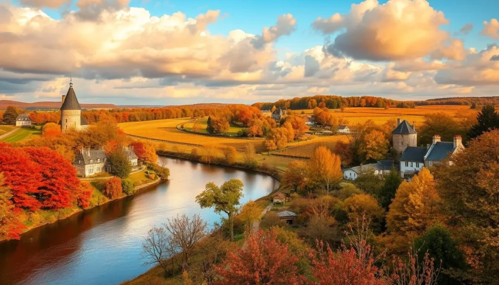 A lush, autumnal landscape in the heart of the Loire Valley, France. In the foreground, a winding river reflects the vibrant foliage - crimson maples, golden oaks, and russet beeches. Along the riverbank, charming stone cottages and historic châteaux dot the rolling hills. The mid-ground is a patchwork of vineyards and orchards, their vines and branches heavy with the bounty of the season. In the distance, a dramatic sky filled with fluffy, golden-hued clouds casts a warm, glowing light across the entire scene. The overall mood is one of serene tranquility, inviting the viewer to experience the natural beauty and picturesque charm of the Loire Valley in autumn.