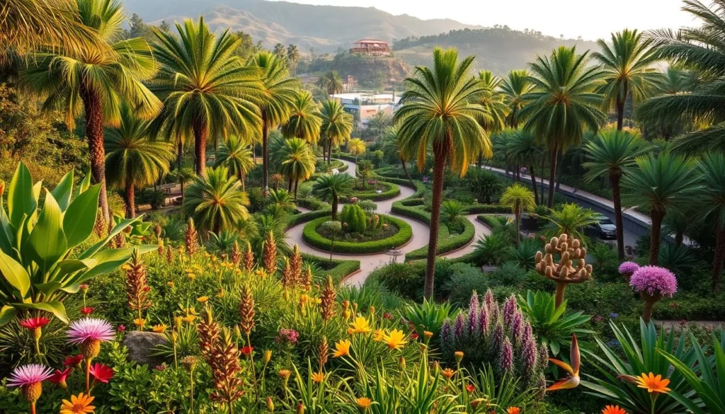 A lush botanical garden with diverse plant life, showcasing conservation efforts. In the foreground, a carefully curated display of rare and endangered species thriving in their natural habitat. The middle ground features winding paths lined with vibrant flowers and towering palm trees, creating a serene and inviting atmosphere. In the background, a rolling hillside backdrop sets the scene, with soft, warm lighting casting a gentle glow over the entire landscape. The image conveys a sense of tranquility and reverence for the natural world, highlighting the importance of preserving these unique ecosystems.