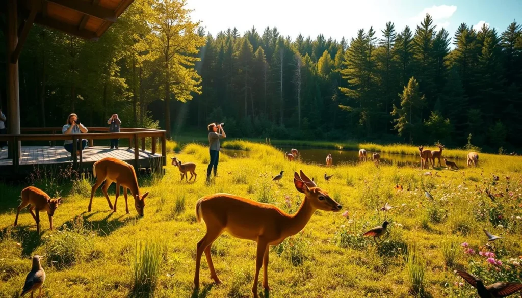 A lush forest clearing bathed in warm, golden afternoon sunlight, with a wooden observation deck overlooking a tranquil pond. In the foreground, a family of deer graze peacefully, while various birds and butterflies flit among the wildflowers. In the middle ground, a group of visitors observes the wildlife through high-quality binoculars, their faces filled with wonder and delight. The background is a tapestry of verdant trees and a cloudless azure sky, creating a serene and inviting atmosphere for wildlife viewing. The scene is captured with a wide-angle lens, providing a panoramic view that immerses the viewer in the natural beauty of the scene.