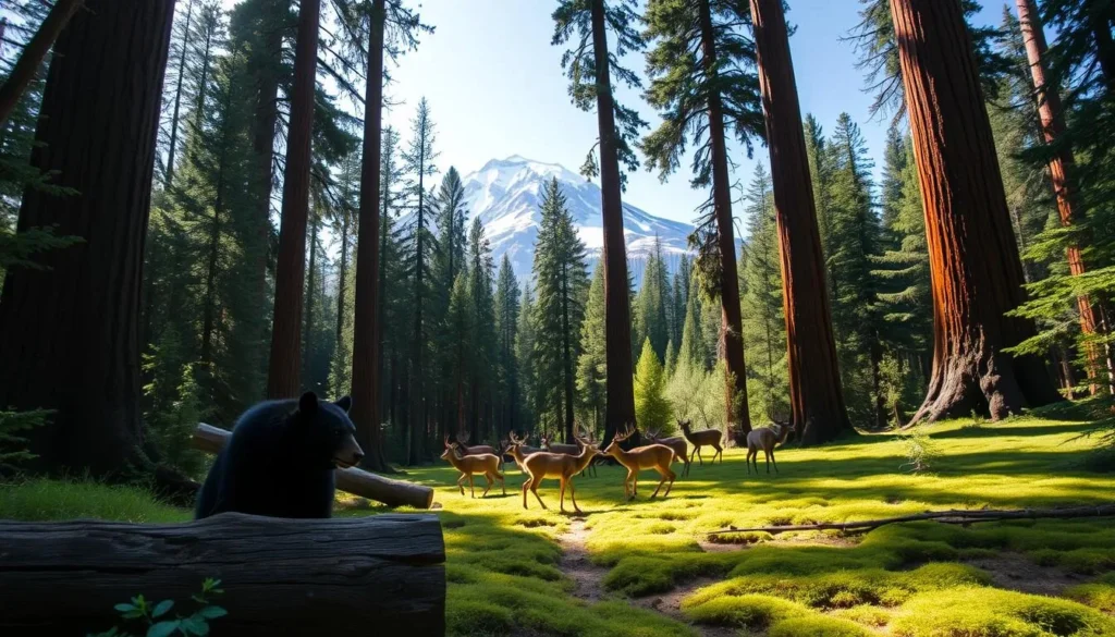 A lush forest of towering sequoia trees in Sequoia National Park, sunlight filtering through the dense canopy. In the foreground, a curious black bear explores the undergrowth, peeking out from behind a fallen log. A herd of deer gracefully navigate the mossy forest floor in the middleground, their delicate movements in harmony with the serene atmosphere. In the distance, a majestic snow-capped mountain peak rises above the verdant landscape, creating a sense of grand scale and natural wonder. The scene is captured with a wide-angle lens, conveying a sense of immersion and connection with the wild beauty of this remarkable ecosystem.
