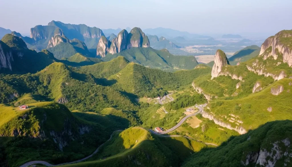 A lush, green karst plateau with towering limestone mountains and deep valleys, surrounded by rolling hills and a picturesque village. Capture the dramatic natural landscapes of the Dong Van Karst Plateau, a UNESCO Global Geopark in northern Vietnam. Highlight the rugged, weathered limestone formations, with sunlight casting long shadows across the rugged terrain. Include a winding road cutting through the landscape, leading the viewer's eye through the scene. Convey a sense of serenity and tranquility, with a clear sky and gentle atmospheric haze.