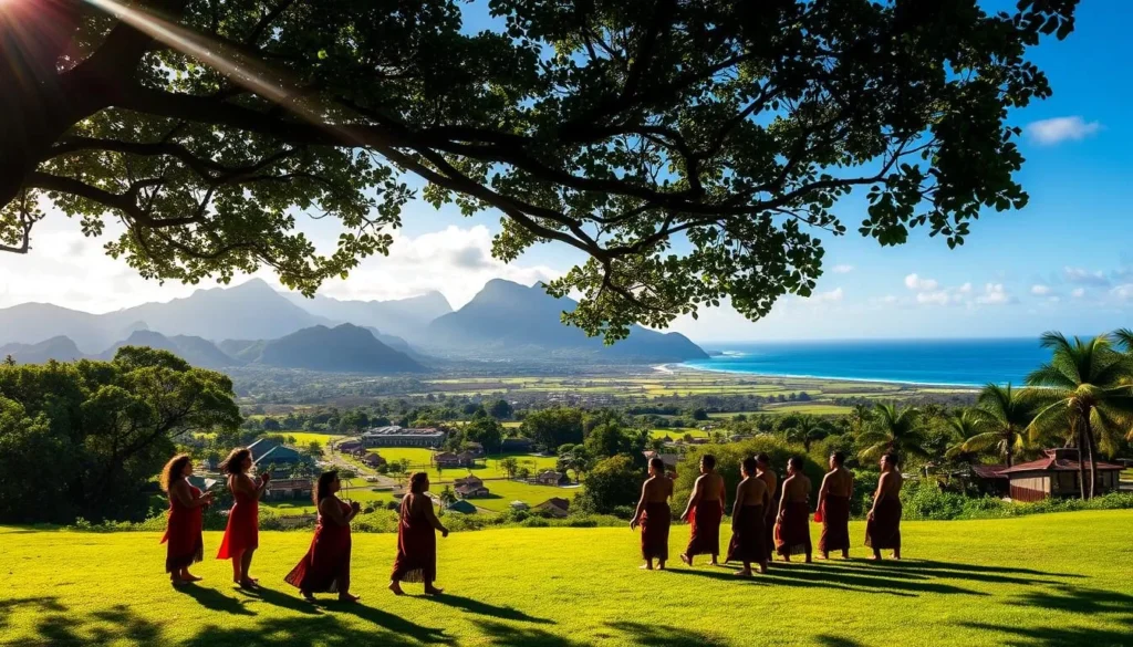 A lush green landscape of Kualoa Ranch, nestled against the backdrop of the majestic Koolau Mountain range. In the foreground, a group of indigenous Hawaiians in traditional garments engage in a cultural ceremony, their movements fluid and graceful. Sunlight filters through the canopy of ancient trees, casting a warm, golden glow over the scene. The middle ground reveals a sprawling valley dotted with historical structures, showcasing the rich cultural heritage of this sacred land. The distant horizon is adorned with the azure waters of the Pacific Ocean, creating a serene and picturesque setting. Capture the essence of Kualoa's timeless beauty and the profound connection between the land, the people, and their traditions.