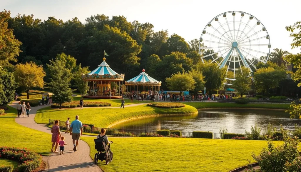 A lush green park with a scenic pond, surrounded by lush trees and vibrant flowers. In the foreground, families explore the well-maintained trails, some pushing strollers or holding hands with young children. In the middle ground, a colorful carousel spins, its merry-go-round horses delighting the crowds. In the background, a towering Ferris wheel rises, its gondolas carrying visitors to panoramic views of the entire family-friendly attraction. The scene is bathed in warm, golden sunlight, creating a welcoming and joyful atmosphere.