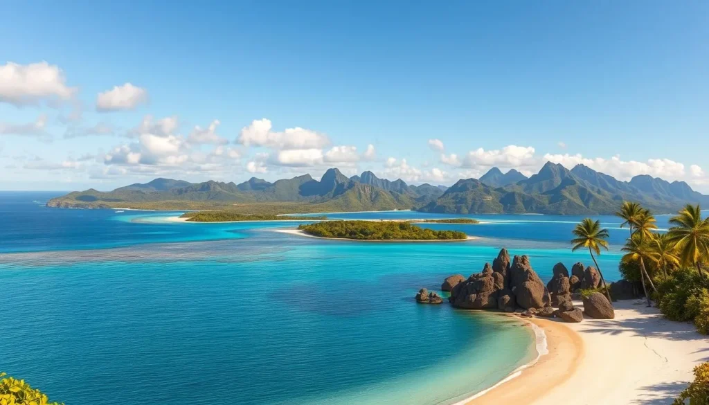 A lush, idyllic archipelago of French Polynesia, the Austral Islands emerge from the azure South Pacific, their verdant peaks and palm-fringed shores bathed in warm, golden sunlight. In the foreground, a secluded white sand beach curves invitingly, dotted with swaying coconut palms and ancient volcanic rock formations. The middle ground reveals a patchwork of verdant jungle-clad hills and distant azure lagoons, while the background showcases the dramatic silhouettes of rugged, volcanic islands rising majestically from the shimmering sea. A sense of tranquility and isolation pervades the scene, as if time has stood still in this remote, untouched paradise.