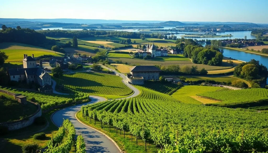 A lush landscape in the Loire Valley, France, showcasing the region's distinct wine appellations. Gently rolling hills dotted with vineyards, their rows of vines casting long shadows in the warm afternoon sun. In the foreground, a winding road leads past historic stone buildings and quaint villages, the air filled with the scent of freshly crushed grapes. The middle ground features a patchwork of vineyards, each with its own unique terroir and microclimate, as indicated by subtle variations in foliage and soil. The background is framed by the Loire River, its calm waters reflecting the surrounding scenery. The overall scene conveys a sense of tranquility and the rich wine-making heritage of this picturesque region.