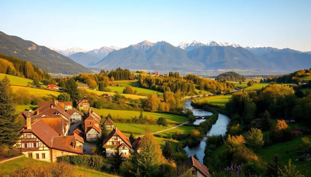 A lush landscape of Alsace in all its seasonal glory. In the foreground, a picturesque village nestled among rolling hills, its charming half-timbered houses and cobblestone streets bathed in warm, golden light. In the middle ground, a tranquil river winds its way through verdant meadows, dotted with vibrant wildflowers. In the background, a majestic mountain range, its peaks dusted with a light layer of snow, creating a serene and breathtaking backdrop. The scene evokes a sense of timeless elegance and the changing beauty of Alsace throughout the year.