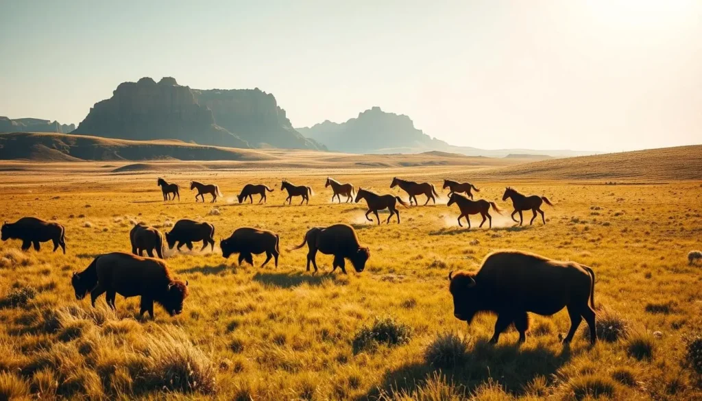 A lush meadow in Theodore Roosevelt National Park, North Dakota, bathed in warm afternoon sunlight. In the foreground, a herd of bison grazes peacefully, their shaggy coats glistening. In the middle ground, a band of wild horses gallops across the undulating terrain, their manes and tails flowing freely. In the distance, rugged badlands rise up, creating a dramatic backdrop. The scene exudes a sense of timeless wilderness, where nature reigns supreme. Capture this captivating wildlife encounter with a cinematic wide-angle lens, preserving the grandeur and tranquility of this remarkable landscape.