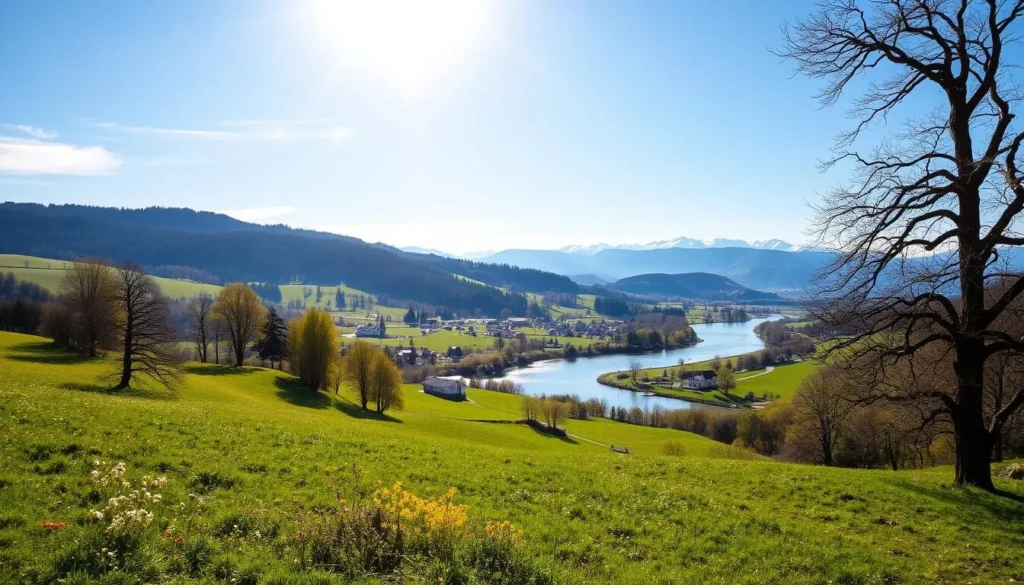 A lush, rolling countryside in Thurgau, Switzerland, on a picturesque summer day. In the foreground, a patchwork of verdant meadows dotted with wildflowers sway gently in the breeze. In the middle ground, a winding river meanders through the landscape, its banks lined with ancient, gnarled trees. In the distance, the silhouettes of rolling hills and snow-capped peaks rise against a vibrant azure sky, bathed in warm, golden sunlight. Capture the serene, tranquil atmosphere of this hidden gem, showcasing the natural beauty and pastoral charm of the Thurgau region.