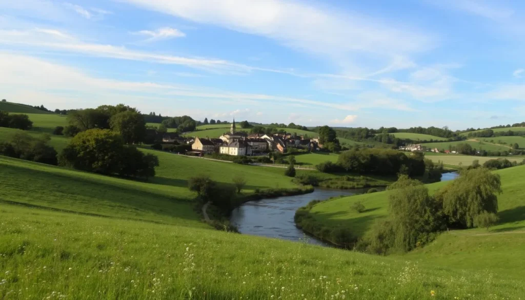 A lush, rolling countryside in the Pays de la Loire region of France. Verdant meadows dotted with wildflowers lead the eye to a gently flowing river, its banks lined with ancient oak trees. In the distance, a picturesque village nestled among rolling hills, its charming stone buildings bathed in the warm glow of the afternoon sun. Wispy clouds drift overhead, casting soft shadows on the landscape below. The scene exudes a sense of tranquility and natural beauty, inviting the viewer to pause and immerse themselves in the serene French countryside.