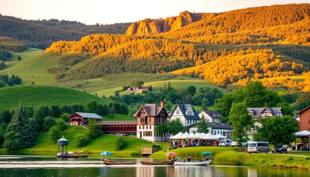 A lush, rolling landscape dotted with picturesque attractions in Ohio's heartland. In the foreground, a serene lake reflects the sky's soft hues, inviting visitors to enjoy a tranquil boat ride. Nestled among verdant hills, historic landmarks such as a quaint covered bridge and a stately Victorian mansion come into view. The middle ground features a vibrant farmers' market, bustling with locals and tourists sampling the region's bountiful produce and artisanal goods. In the background, towering rock formations and dense forests hint at the state's natural wonders, casting a warm, golden glow under the afternoon sun. A sense of discovery and exploration permeates the scene, capturing the essence of Ohio's hidden gems.