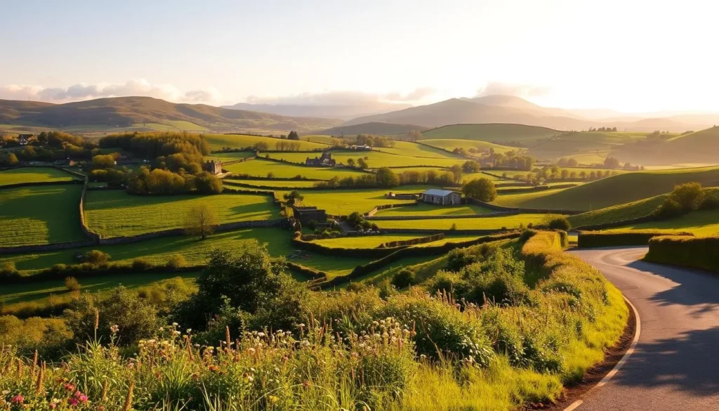 A lush, rolling landscape in Ireland's Leinster province, bathed in warm, golden afternoon light. In the foreground, a winding country road flanked by verdant hedgerows and blooming wildflowers. The middle ground features a patchwork of emerald fields, dotted with clusters of ancient stone walls and the occasional weathered barn or farmhouse. In the distance, the gentle slopes of the Wicklow Mountains rise up, their peaks shrouded in wispy clouds. The scene exudes a serene, pastoral charm, capturing the quintessential beauty of the Irish countryside.