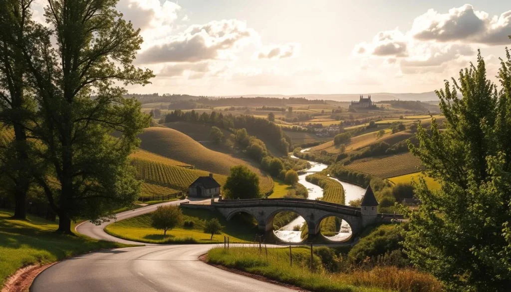 A lush, rolling landscape in the heart of the Loire Valley, France. A picturesque scene of undulating hills dotted with vineyards, orchards, and small villages nestled among winding rivers. Warm, golden sunlight filters through fluffy white clouds, casting a serene glow over the pastoral setting. In the foreground, a winding country road leads towards a quaint stone bridge crossing a babbling brook. Tall, verdant trees frame the scene, their branches swaying gently in a soft breeze. In the distance, the silhouettes of ancient châteaux emerge on the horizon, hinting at the region's rich history and cultural heritage. An idyllic, timeless tableau that captures the essence of the Loire Valley's natural beauty beyond its famous castles.