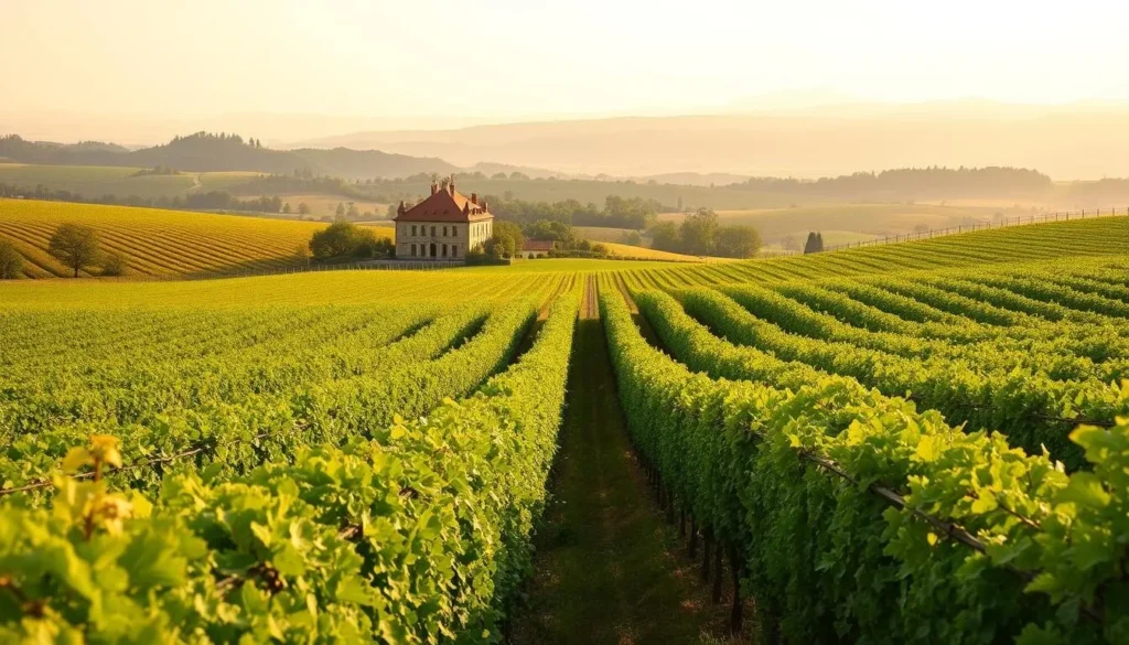 A lush, rolling landscape of the Bordeaux wine region, France. In the foreground, neat rows of grapevines stretch across gently sloping hills, their leaves glistening in the warm sunlight. In the middle ground, a picturesque stone chateau stands amidst the vineyards, its terracotta roof tiles reflecting the golden light. In the distance, the horizon is dotted with the silhouettes of other wineries and chateaux, hinting at the wealth of wine-making history and tradition in this renowned region. The scene is bathed in a soft, hazy glow, conveying a sense of tranquility and timelessness. A classic, idyllic depiction of Bordeaux, France's premier wine destination.