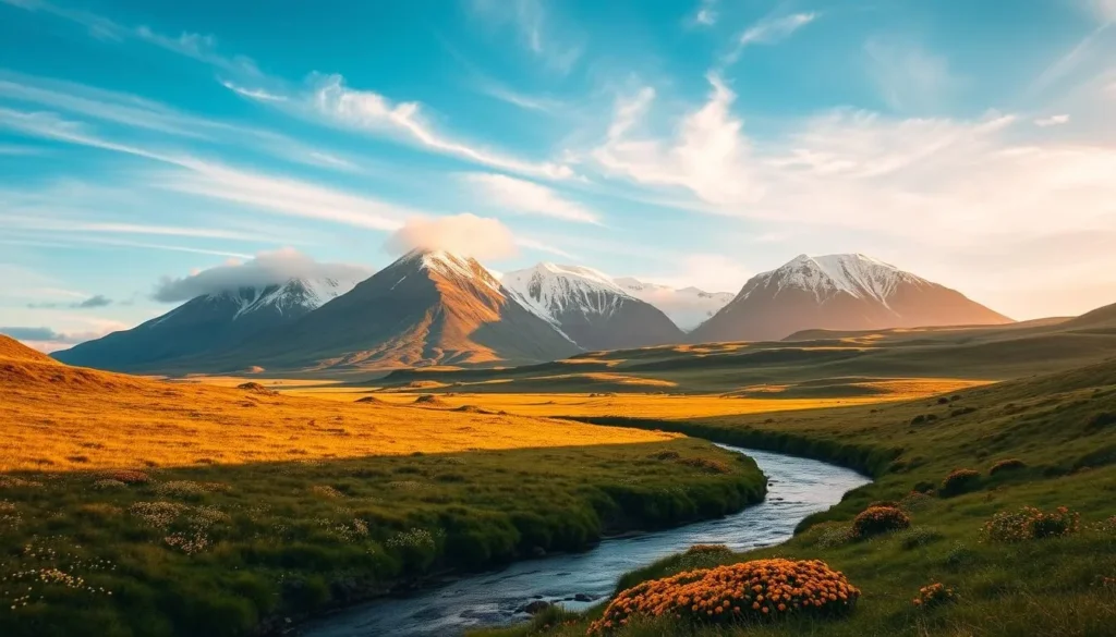 A lush, rolling landscape of the Ulster region in Northern Ireland, bathed in warm, golden sunlight. In the foreground, a winding river meanders through verdant meadows dotted with vibrant wildflowers. Tall, rugged mountains rise in the middle ground, their peaks capped with pristine snow. Wispy clouds drift across a brilliant azure sky, casting gentle shadows over the scene. The overall mood is one of tranquility and natural beauty, inviting the viewer to immerse themselves in the serene, untamed charm of this iconic Irish region.