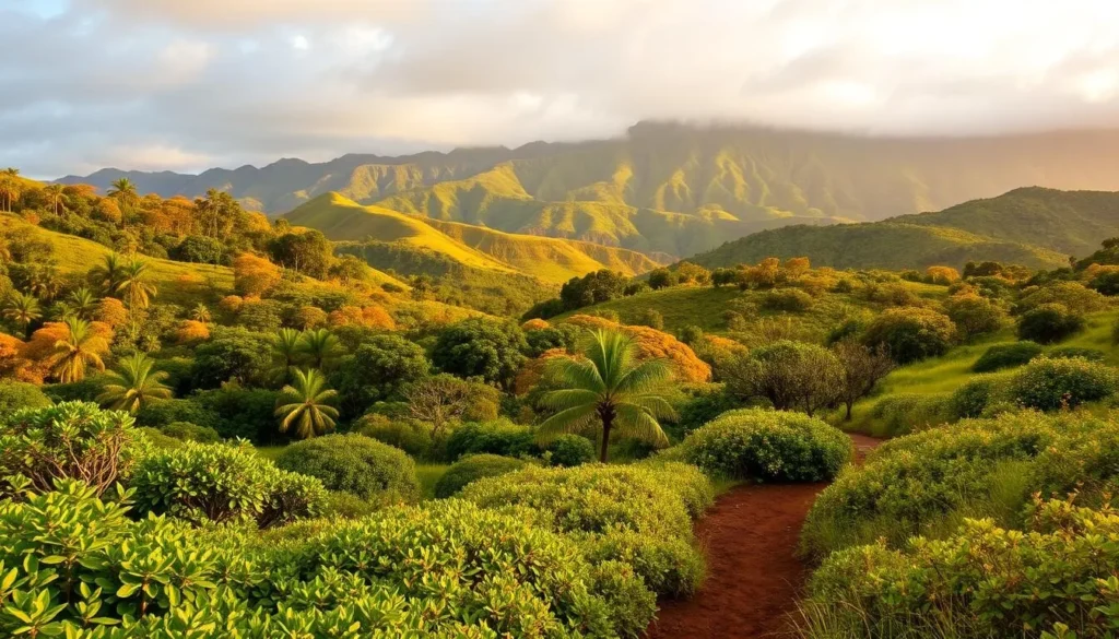 A lush, rolling landscape on the island of Molokai, Hawaii, during the fall season. Vibrant greens of the tropical foliage blend with the golden hues of the changing leaves, creating a breathtaking scene. In the foreground, a winding path leads through the verdant undergrowth, inviting exploration. The middle ground showcases the undulating hills, dotted with clusters of trees in their autumn splendor. In the distance, a mist-shrouded mountain range rises majestically, bathed in warm, soft lighting that casts a serene, tranquil atmosphere. The overall scene evokes a sense of peaceful solitude and the natural beauty of this Hawaiian island during the transitional fall months.