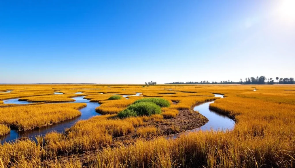 A lush salt marsh landscape, bathed in warm afternoon sunlight. In the foreground, a network of winding creeks and tidal channels, their waters reflecting the blue sky above. Tall grasses sway gently in the breeze, their golden tips glowing. In the middle ground, clusters of hardy, salt-tolerant plants dot the marshland, their vibrant greens contrasting with the rich brown soil. Beyond, the horizon is dotted with the silhouettes of distant trees, their branches reaching skyward. The scene conveys a sense of tranquility and natural harmony, inviting the viewer to immerse themselves in this peaceful, coastal ecosystem.