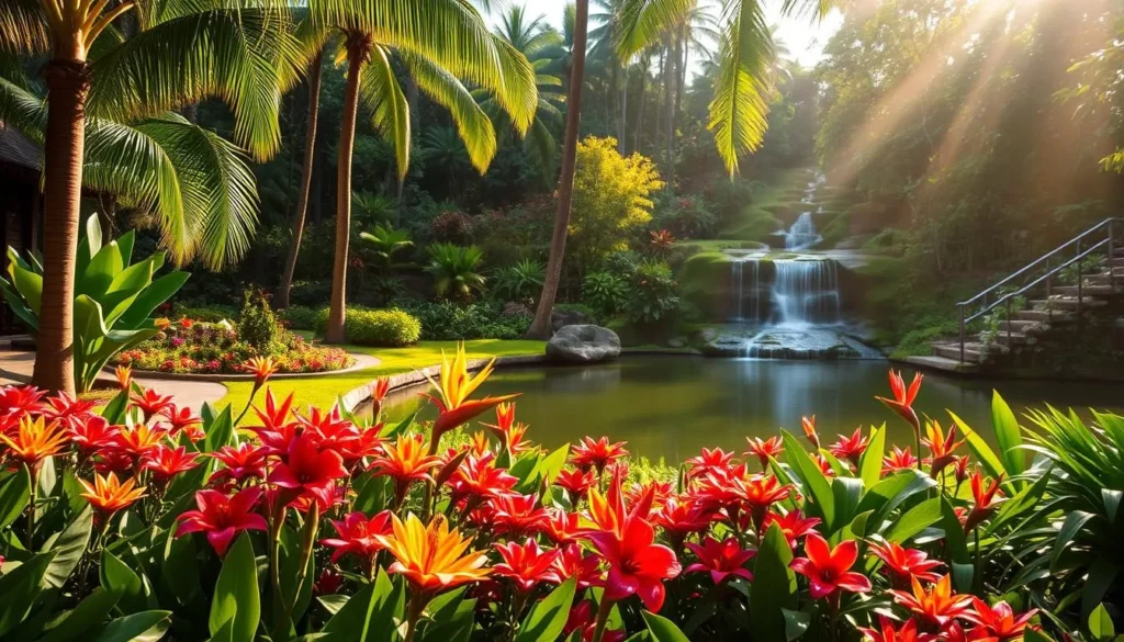 A lush, sun-dappled botanical garden nestled in the heart of Princeville, Kauai. Vibrant tropical flora blooms in verdant beds, framed by towering palm trees and meandering paths. In the foreground, a colorful array of exotic flowers - hibiscus, heliconia, and bird of paradise - beckons visitors to explore. The middle ground features a tranquil pond, its mirrored surface reflecting the surrounding greenery. In the background, a gentle waterfall cascades over moss-covered rocks, creating a soothing ambiance. The scene is bathed in warm, golden light, evoking a sense of paradise and serenity. Capture the essence of this enchanting Princeville Botanical Gardens tour.