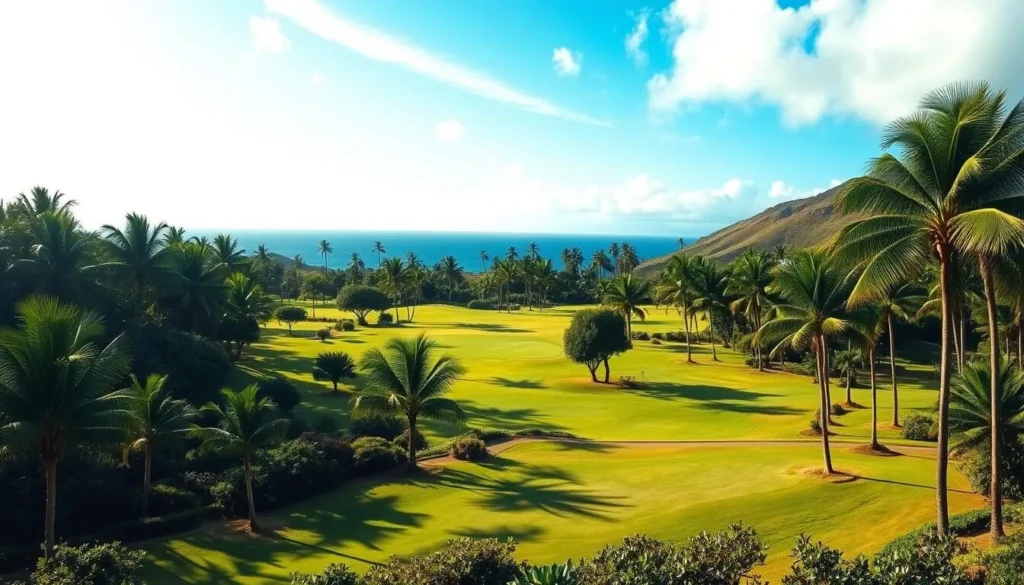 A lush, sun-dappled golf course nestled amidst the verdant hills of Kauai's Maha'ulepu Heritage Trail. Emerald fairways wind through towering palms, their fronds gently swaying in the warm island breeze. Pristine greens beckon players to test their skills, while in the distance, the glistening Pacific Ocean meets the horizon. Wispy clouds drift overhead, casting soft shadows across the meticulously manicured landscape. A picturesque scene that captures the serene beauty and tranquility of this Hawaiian paradise, inviting visitors to experience the joys of golf amidst the stunning natural surroundings.