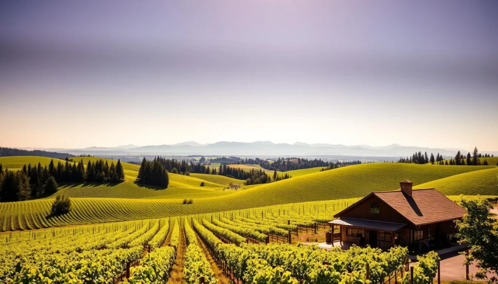 A lush, sun-dappled landscape in the heart of the Willamette Valley, Oregon's premier wine region. Rolling hills dotted with verdant vineyards, their rows neatly tended, lead the eye towards a distant horizon framed by the majestic Cascade Mountains. In the foreground, a quaint winery nestled amidst the vines, its rustic architecture and inviting tasting room beckoning visitors to savor the fruits of the region's world-renowned Pinot Noir. The scene is bathed in a warm, golden light, creating a sense of tranquility and abundance. This is a place where the art of winemaking and the beauty of the natural landscape converge, offering a true taste of the Pacific Northwest.