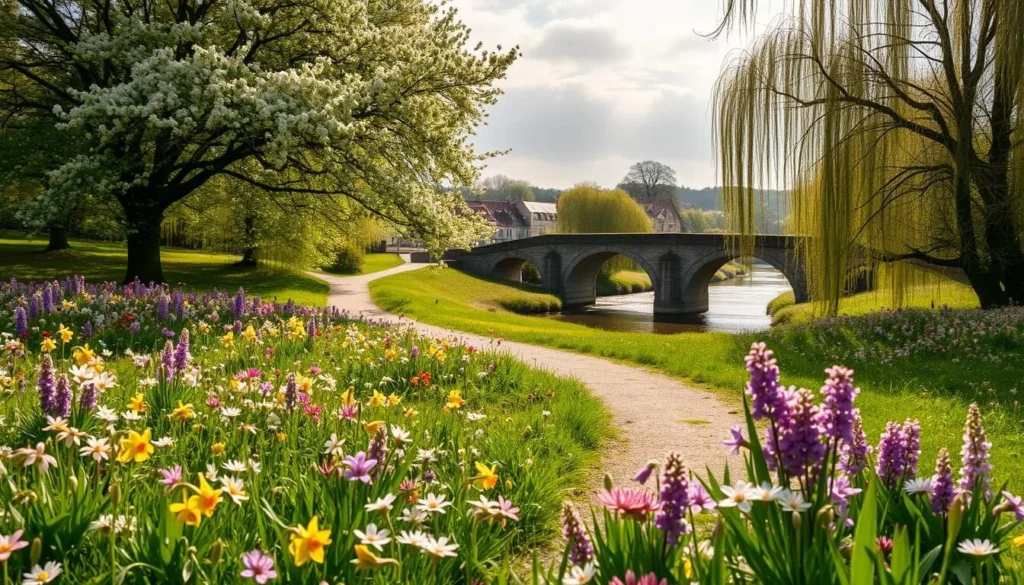 A lush, sun-dappled meadow in the Loire Valley, France, bursting with vibrant spring blooms. In the foreground, a delicate carpet of multicolored wildflowers - delicate violets, sunny daffodils, and fragrant lilacs. Towering over them, a canopy of verdant cherry blossom trees, their pale pink petals swirling in a gentle breeze. In the middle ground, a winding gravel path leads the eye towards an ancient stone bridge spanning a glistening river, its banks lined with weeping willows. Soft, warm lighting filters through wispy clouds, casting a golden glow over the idyllic pastoral scene. The overall atmosphere is one of serene tranquility, capturing the essence of springtime in this picturesque French countryside.