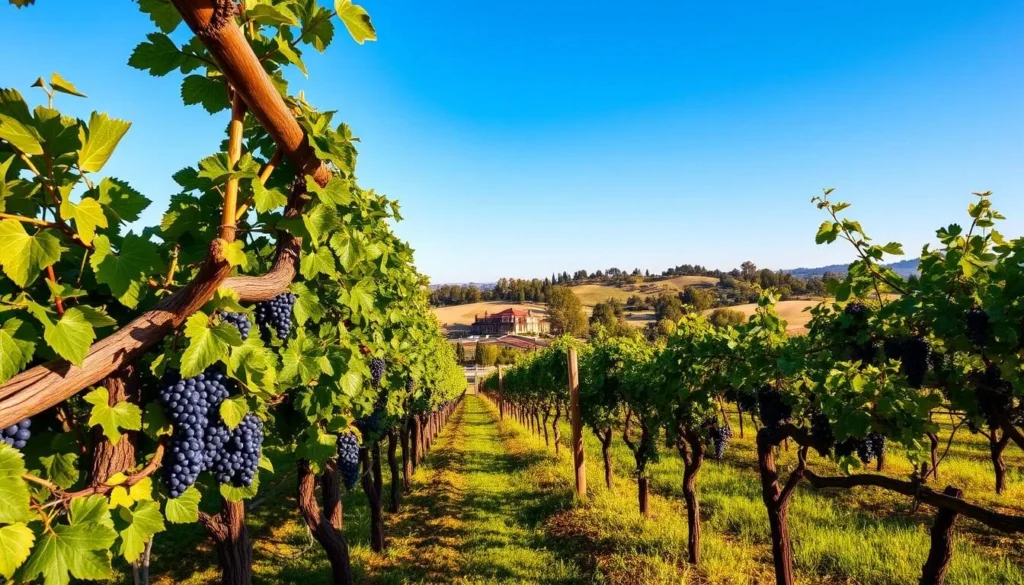 A lush, sun-dappled vineyard in Lodi, California, where ancient Zinfandel vines stretch towards the cerulean sky. The gnarled, twisted trunks are cloaked in verdant foliage, their clusters of deep purple grapes glistening in the warm, golden light. In the foreground, a weathered wooden trellis supports the vines, casting long shadows across the well-tended rows. The mid-ground reveals a picturesque winery, its stately architecture nestled among the vines, hinting at the rich history and tradition of this renowned wine region. In the distance, rolling hills dotted with oak trees form a serene, pastoral backdrop, creating a sense of tranquility and timelessness.