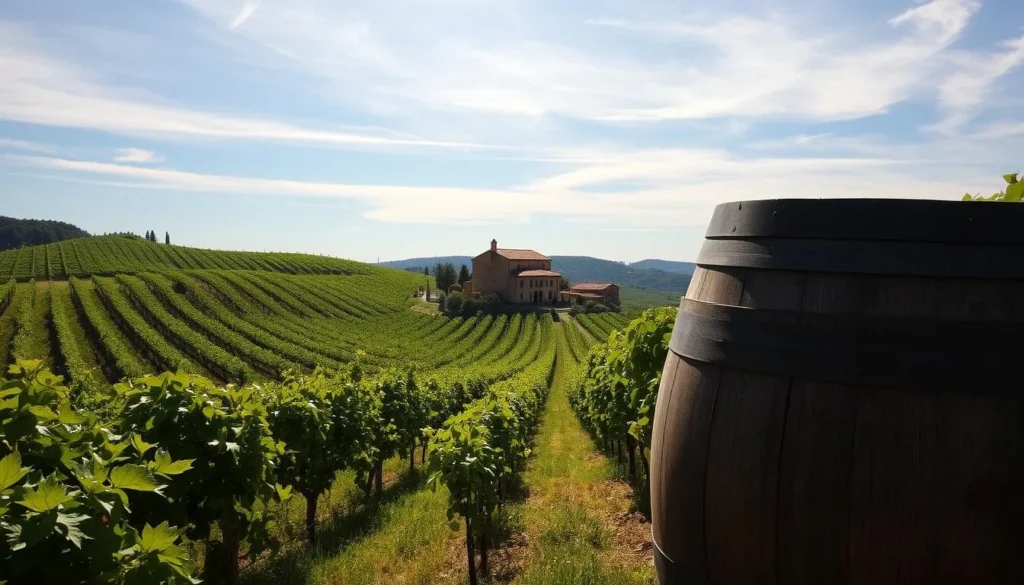 A lush, sun-dappled vineyard in the Côtes du Rhône wine region, France. Rolling hills dotted with rows of verdant vines, their leaves rustling in a gentle breeze. The rich, earthy scent of the soil mingles with the fragrance of ripe grapes, ready for harvesting. In the distance, a stone farmhouse with a terracotta roof stands as a testament to the region's centuries-old winemaking tradition. Warm, golden light filters through wispy clouds, casting a soft, inviting glow over the landscape. A weathered wooden barrel, its surface worn smooth by time, sits among the vines, hinting at the care and craftsmanship that goes into each bottle of the region's renowned wines.