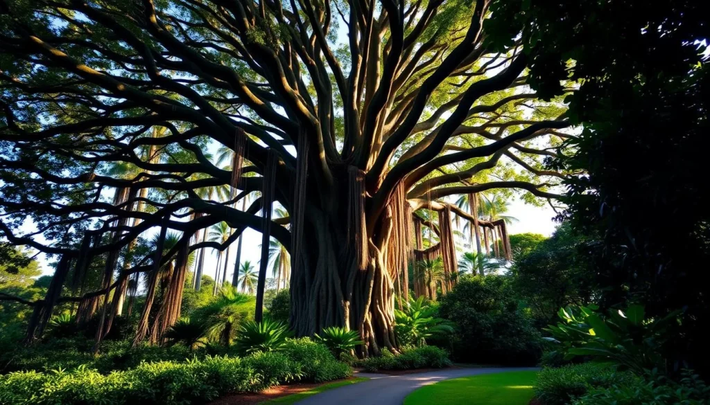 A lush, towering Banyan tree standing tall in the tranquil Hawaiian landscape, its extensive branches and aerial roots draped gracefully, casting intricate shadows on the verdant foliage below. Sunlight filters through the canopy, illuminating the scene with a warm, golden glow. The tree's majestic presence commands attention, inviting visitors to marvel at its impressive size and age. In the foreground, a winding path leads towards the tree, beckoning exploration of this remarkable botanical wonder. The overall scene exudes a sense of serenity and connection to the natural world, perfectly capturing the essence of the Hawaii Tropical Botanical Garden.
