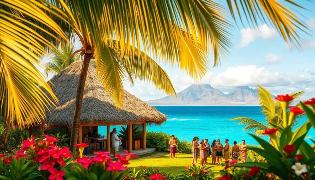 A lush, tropical Polynesian landscape with a traditional thatched-roof hut nestled among swaying palm trees. In the foreground, vibrant native flowers and foliage frame the scene. In the middle ground, a group of locals in colorful, intricate clothing engage in traditional cultural activities like weaving, dance, or storytelling. The background features a stunning azure ocean and distant volcanic peaks bathed in warm, golden sunlight. The atmosphere is one of peaceful tranquility, celebrating the rich heritage and timeless traditions of Polynesian culture.