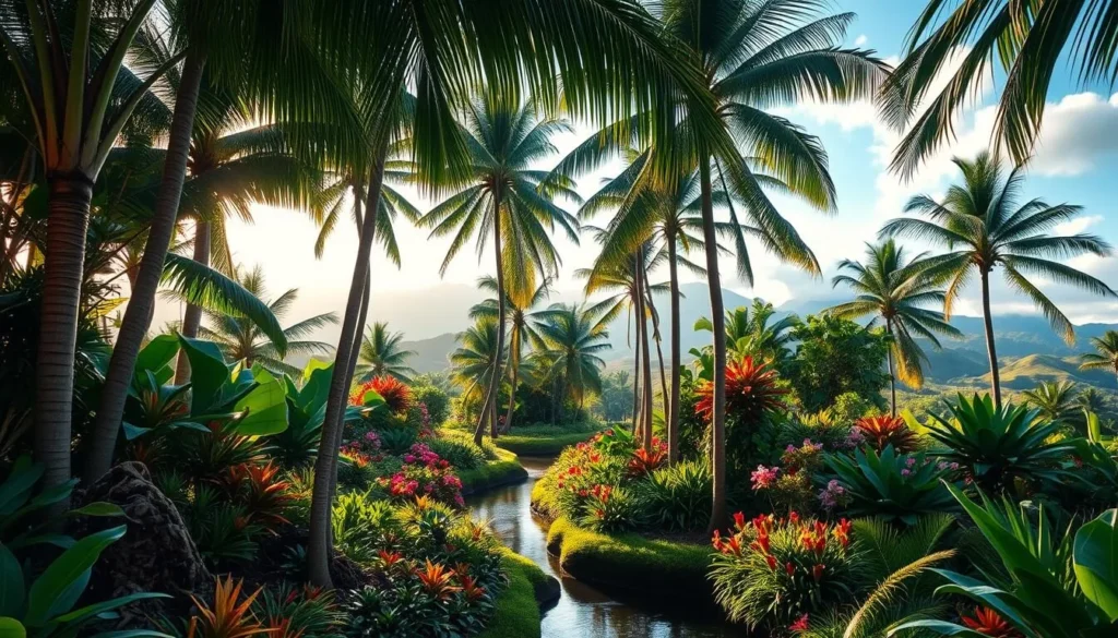 A lush, tropical bioreserve garden with towering palm trees, vibrant flowers, and a serene pond. Sunlight filters through the canopy, casting a warm glow on the meandering pathways lined with exotic foliage. In the foreground, a variety of native plants and blooms create a colorful tapestry, while in the middle ground, a tranquil stream winds through the verdant landscape. The background features rolling hills and distant mountains, hinting at the garden's integration with the surrounding natural environment. The overall atmosphere is one of calm, wonder, and a deep connection to the beauty of the Hawaiian islands.