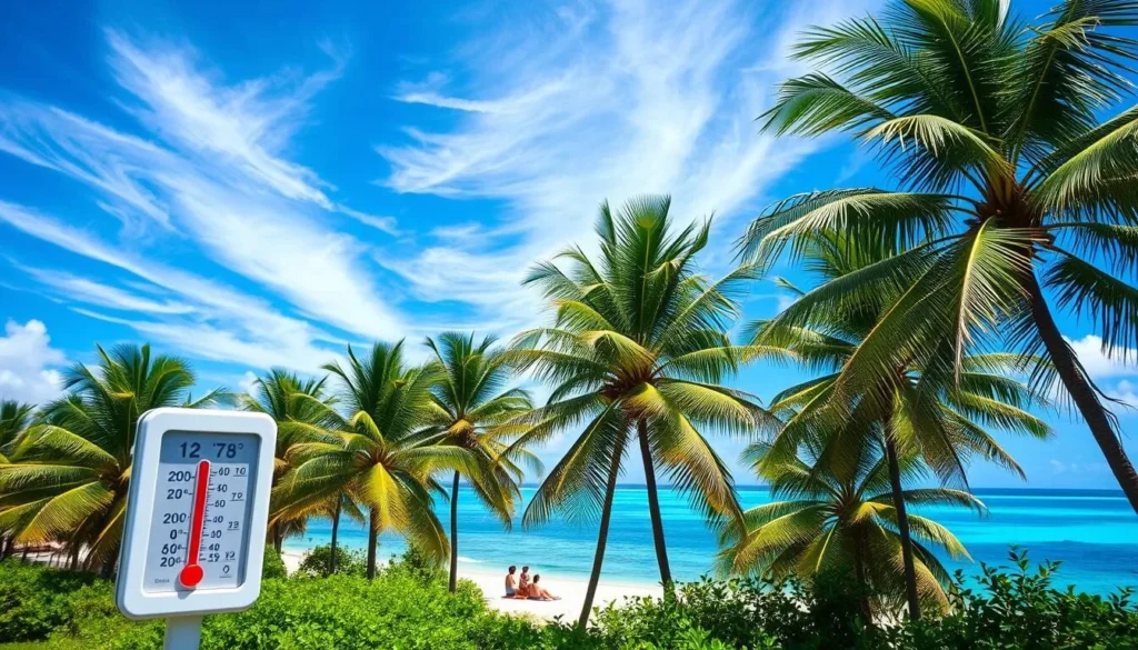 A lush, tropical island landscape in Tokelau, with swaying palm trees and a gentle ocean breeze. The sky is a brilliant blue, with wispy clouds drifting overhead. In the foreground, a thermometer and hygrometer display the current temperature and humidity levels, illustrating the warm, humid conditions typical of the region. The midground features a group of local islanders relaxing on the beach, enjoying the comfortable weather. The background showcases the stunning turquoise waters of the lagoon, reflecting the sun's rays. The overall scene conveys a sense of tranquility and the pleasant, weather-savvy conditions ideal for a trip to Tokelau.