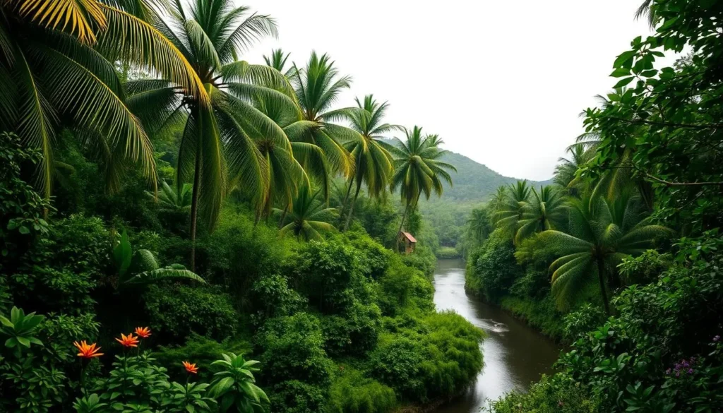 A lush, tropical landscape during the wet season in Palau. Vibrant green foliage dripping with rain, towering palm trees swaying in a gentle breeze. In the foreground, a winding river cuts through the verdant terrain, its surface reflecting the overcast sky above. Sporadic bursts of color dot the scene - exotic flowers blooming amid the dense vegetation. The atmosphere is serene, with a sense of tranquility and renewal permeating the air. Warm, diffused sunlight filters through the cloud cover, casting a soft, muted glow over the entire tableau. This is Palau in its most verdant and lush state, a tropical paradise embracing the ebb and flow of the wet season.