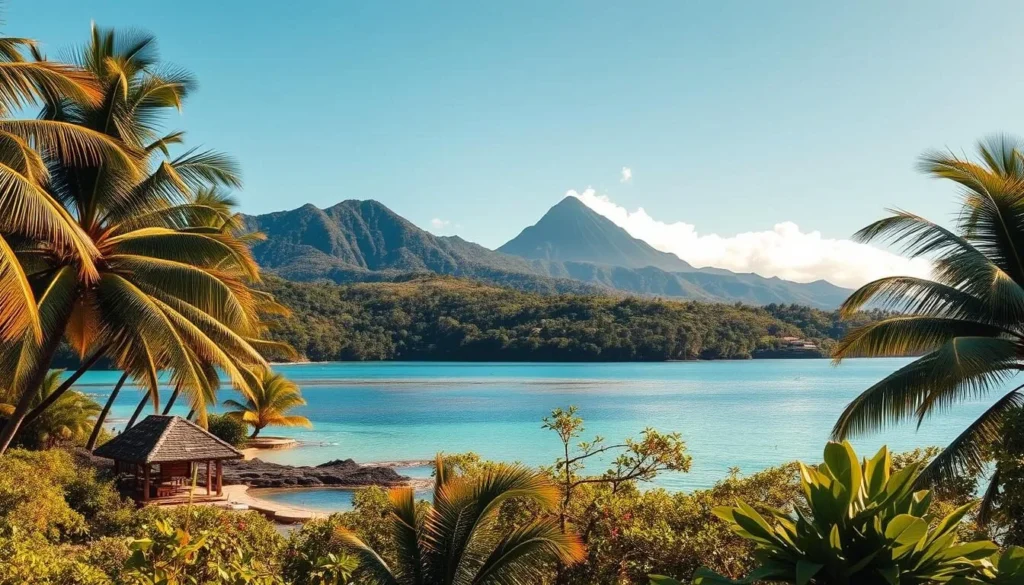 A lush tropical landscape in Samoa, with swaying palm trees, vibrant foliage, and a warm, sun-dappled atmosphere. In the foreground, a tranquil lagoon reflects the azure sky, its crystal-clear waters inviting swimmers and snorkelers. In the middle ground, rolling hills covered in dense, verdant vegetation rise up, while in the distance, dramatic, cloud-capped volcanic peaks pierce the horizon. The scene is bathed in a soft, golden light, creating a serene and inviting ambiance that perfectly captures the essence of Samoa's tropical climate.