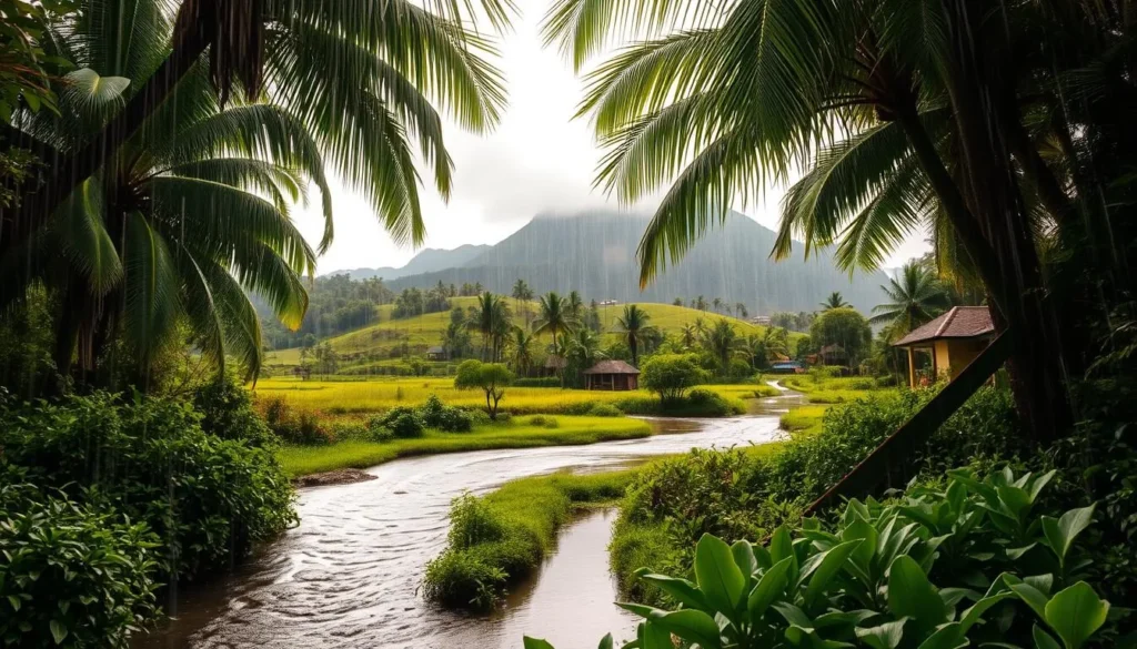 A lush, tropical landscape in Vanuatu, with heavy rainfall gently cascading down from the canopy of verdant palm trees. The sun's rays filter through the misty air, casting a warm, diffused light across the scene. In the foreground, a tranquil stream winds its way through the undergrowth, its surface rippling with the rhythmic patter of raindrops. Vibrant green foliage surrounds the water, creating a serene and verdant atmosphere. The middle ground features rolling hills dotted with traditional thatched-roof houses, their colors muted by the overcast sky. In the distance, a majestic mountain range rises up, its peaks shrouded in wisps of fog. The overall mood is one of a lush, tropical paradise, with the rain providing a soothing, natural ambiance.